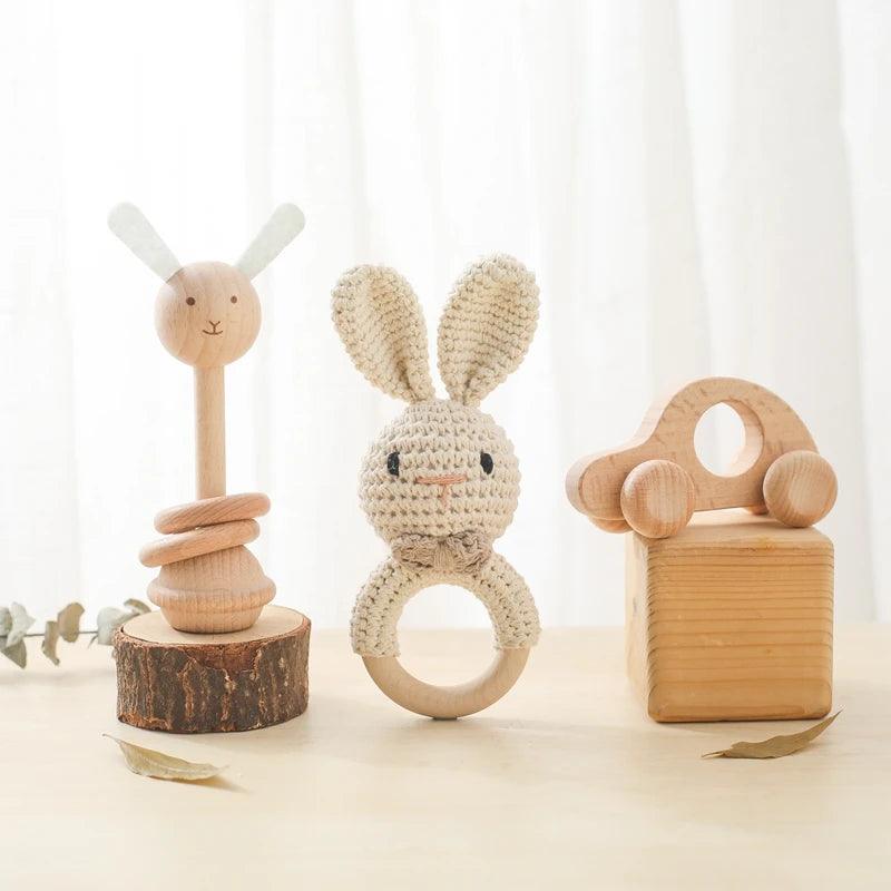 Ensemble de 3 pièces Hochet Montessori pour bébé (Crochet lapin, voiture en bois...) - Cherubin