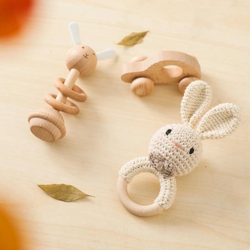 Ensemble de 3 pièces Hochet Montessori pour bébé (Crochet lapin, voiture en bois...) - Cherubin