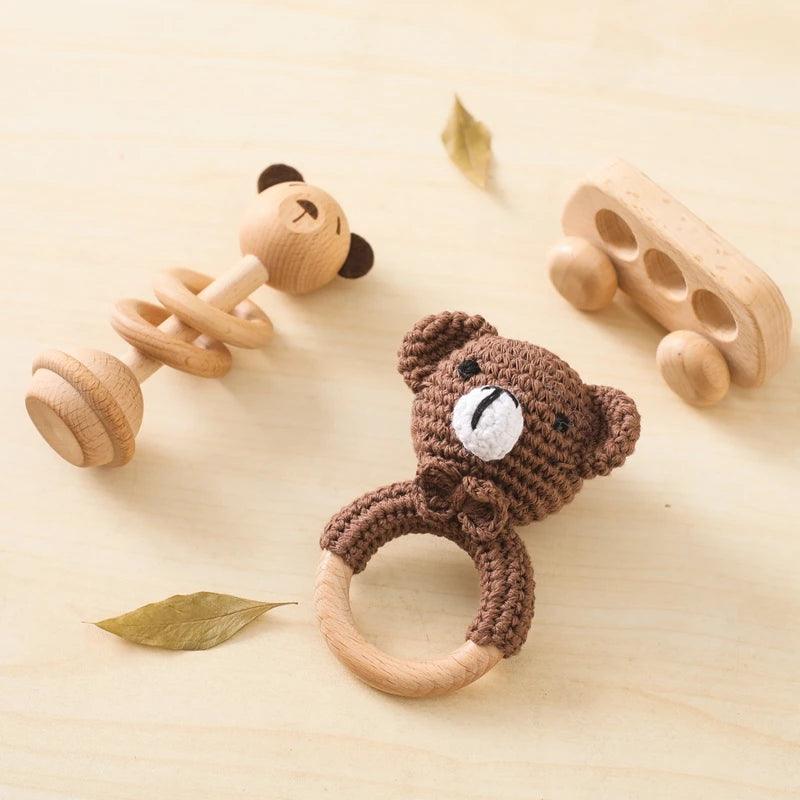 Ensemble de 3 pièces Hochet Montessori pour bébé (Crochet lapin, voiture en bois...) - Cherubin