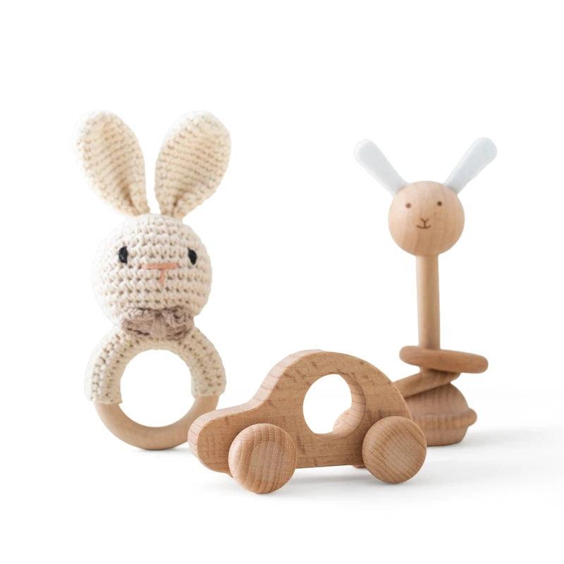 Ensemble de 3 pièces Hochet Montessori pour bébé (Crochet lapin, voiture en bois...) - Cherubin