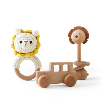 Ensemble de 3 pièces Hochet Montessori pour bébé (Crochet lapin, voiture en bois...) - Cherubin